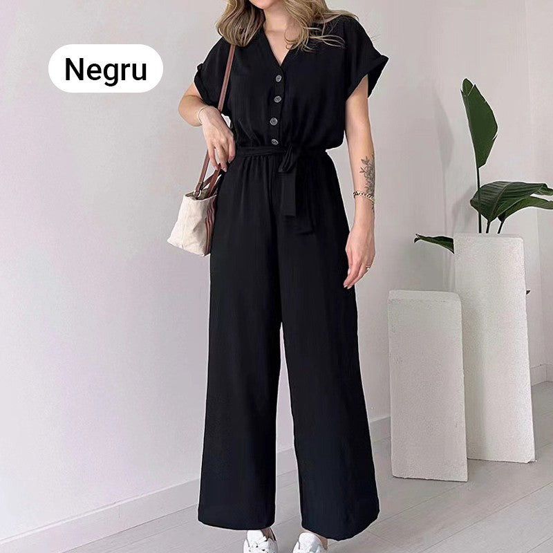 🌸 Lässiger Damen Overall mit V-Ausschnitt und kurzen Ärmeln