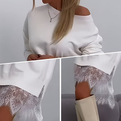 🍁Heiße Neuankömmlinge 50% RABATT👗Lace Trim Split Loose Fit Mid-Length Sweatshirt