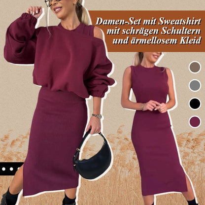 🍂Damen-Set mit Sweatshirt mit schrägen Schultern und ärmellosem Kleid🌸