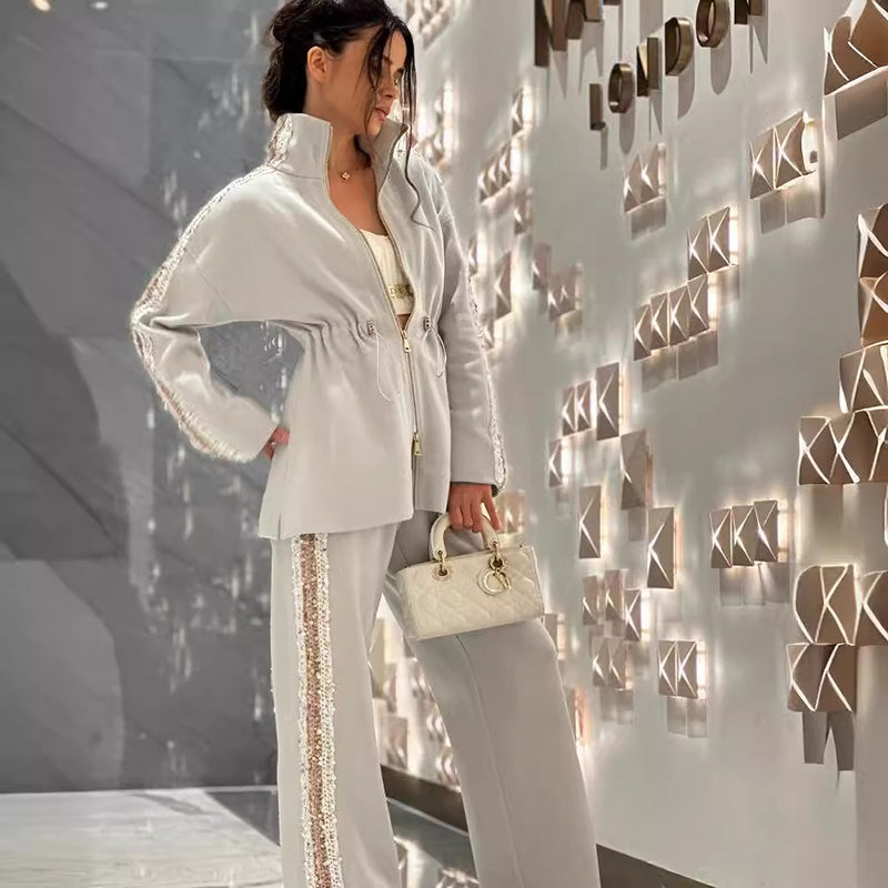 🎁Perfektes Geschenk💖Elegantes Oberteil mit Paillettenbesatz und weit geschnittene Hose für Damen