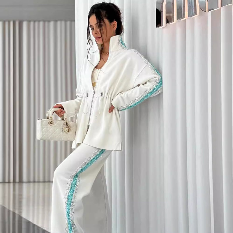 🎁Perfektes Geschenk💖Elegantes Oberteil mit Paillettenbesatz und weit geschnittene Hose für Damen