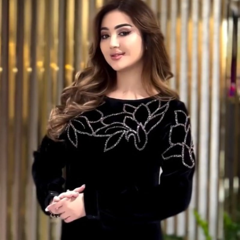 🌈Funkelndes Maxikleid mit Rundhalsausschnitt und langen Ärmeln💖👗