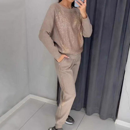 🔥Bis zu 50% Rabatt!!✨Damen Glitter Rhinestone Sweatshirt & Casual Hose 2-teiliges Set