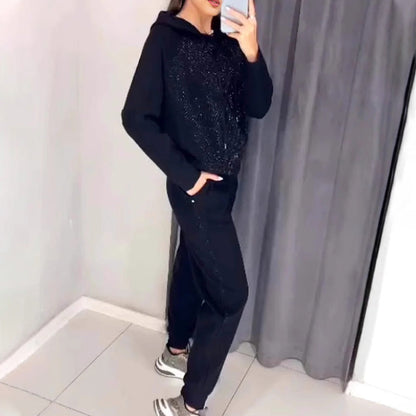 🔥Bis zu 50% Rabatt!!✨Damen Glitter Rhinestone Sweatshirt & Casual Hose 2-teiliges Set