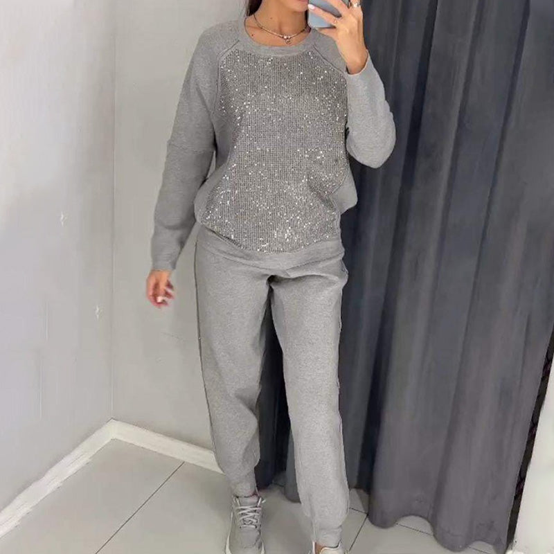 🔥Bis zu 50% Rabatt!!✨Damen Glitter Rhinestone Sweatshirt & Casual Hose 2-teiliges Set