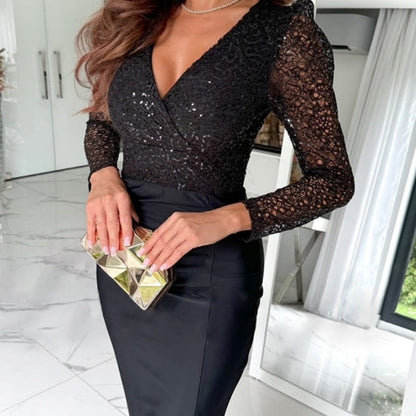 🎅Weihnachts-Specials 50% RABATT🎁Elegantes Sexy Pailletten Kleid mit langen Ärmeln für Frauen
