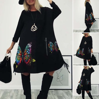 🌈Lockeres Kleid mit Schmetterlingsdruck und Rundhalsausschnitt für Damen👗🎁