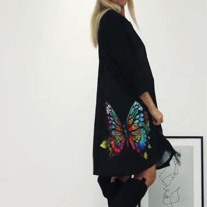 🌈Lockeres Kleid mit Schmetterlingsdruck und Rundhalsausschnitt für Damen👗🎁
