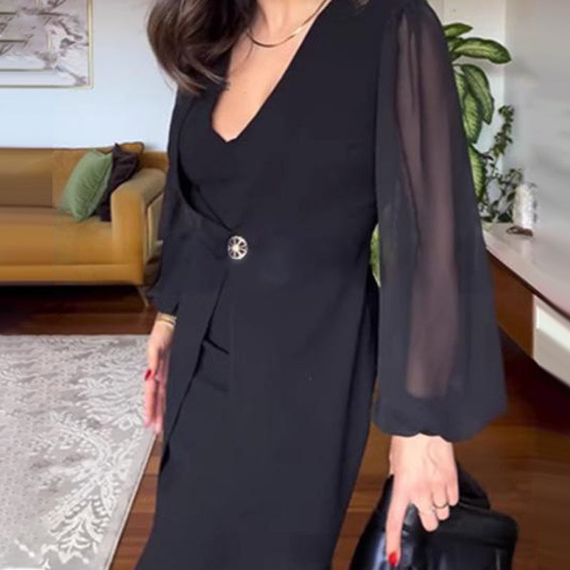 🥰👗Neues Jahr, neue Kleidung🥰Elegantes Kleid mit V-Ausschnitt und langen Laternenärmeln aus Mesh für Frauen