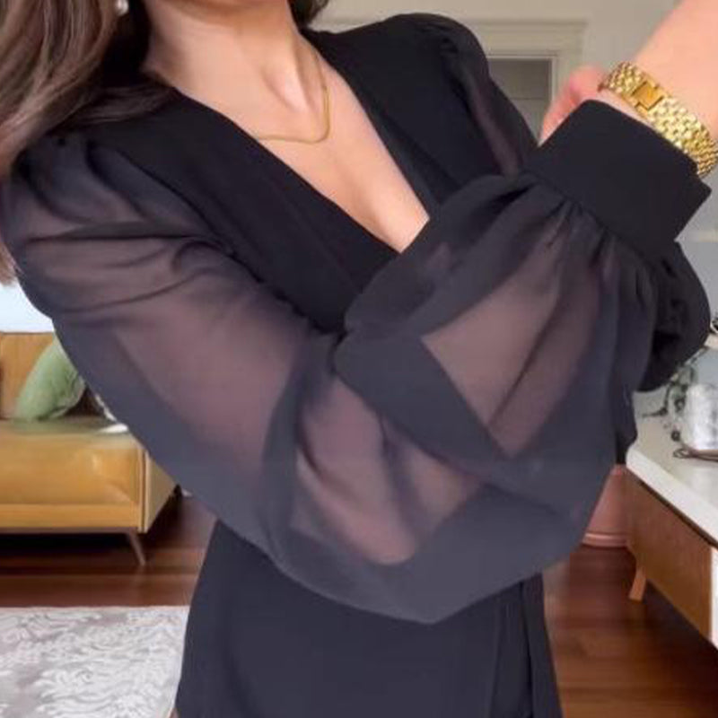 🥰👗Neues Jahr, neue Kleidung🥰Elegantes Kleid mit V-Ausschnitt und langen Laternenärmeln aus Mesh für Frauen