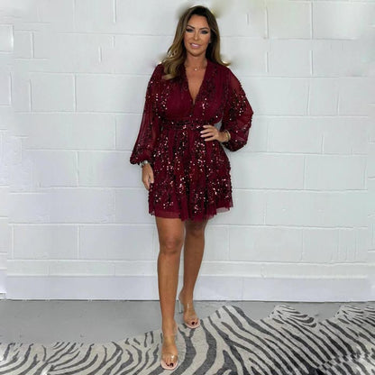 👗2025 Neues Design💫Modisches Damen Minikleid mit Pailletten und V-Ausschnitt