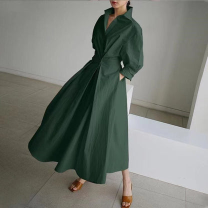 💕Einfarbiges Hemdkleid mit Revers aus Baumwolle für Damen