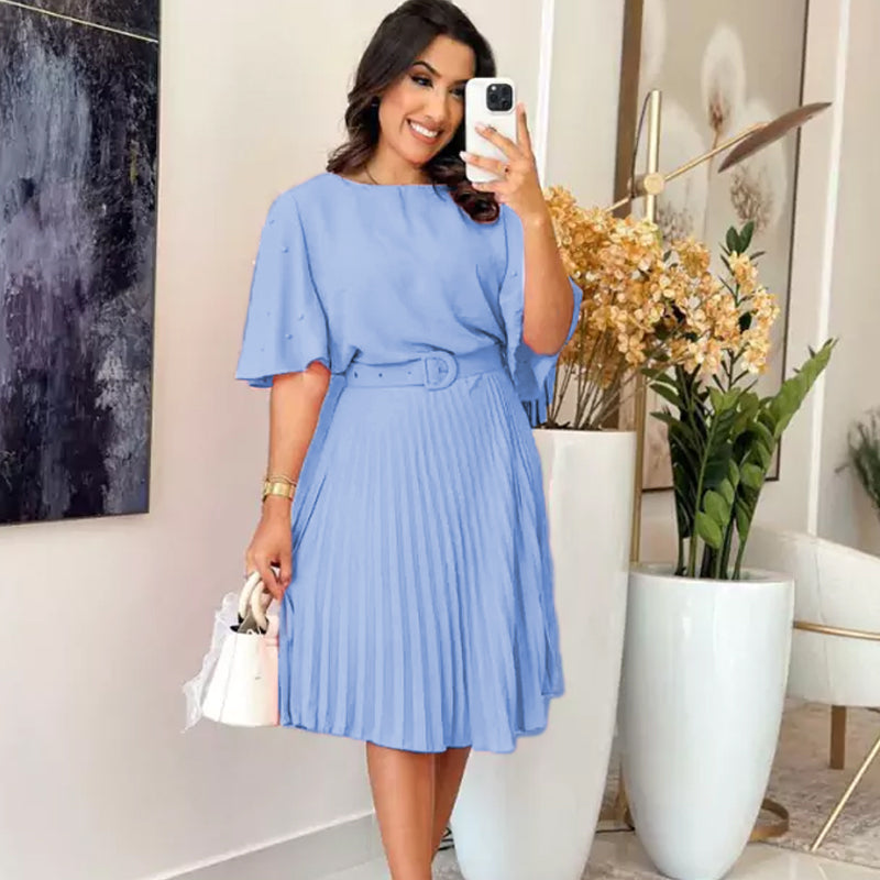 💙🌸Elegantes Plisseekleid mit Rundhalsausschnitt und Gürtel