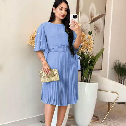 💙🌸Elegantes Plisseekleid mit Rundhalsausschnitt und Gürtel