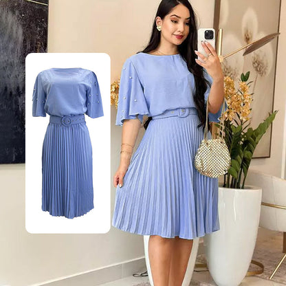 💙🌸Elegantes Plisseekleid mit Rundhalsausschnitt und Gürtel