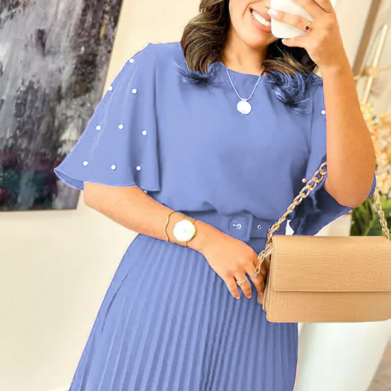 💙🌸Elegantes Plisseekleid mit Rundhalsausschnitt und Gürtel