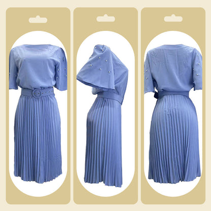 💙🌸Elegantes Plisseekleid mit Rundhalsausschnitt und Gürtel