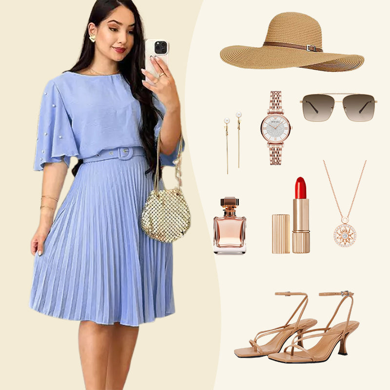 💙🌸Elegantes Plisseekleid mit Rundhalsausschnitt und Gürtel