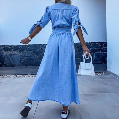 ✨Neu im Frühling! 👗Jeanskleid mit V-Ausschnitt und Knopfleiste für Damen