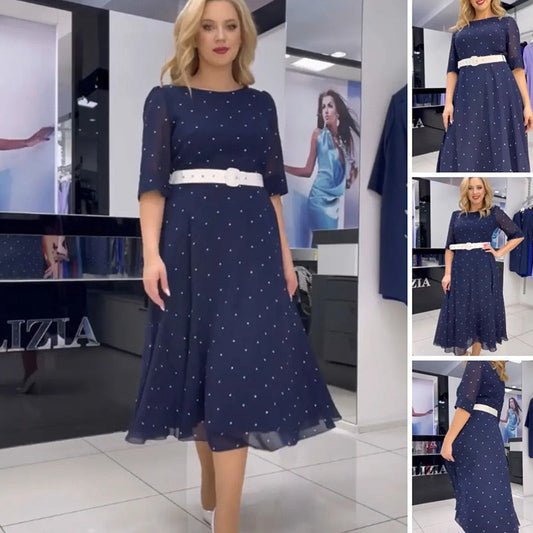 🌸Frühlingsangebote🌸 Kleid mit Rundhalsausschnitt, Gürtel und halblangen Ärmeln