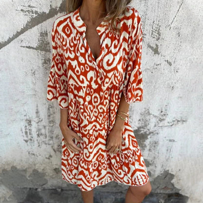 🌸2025 Neues Design🌸V-Ausschnitt gedrucktes Drei-Viertel-Ärmel-Kleid