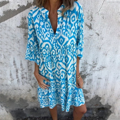 🌸2025 Neues Design🌸V-Ausschnitt gedrucktes Drei-Viertel-Ärmel-Kleid