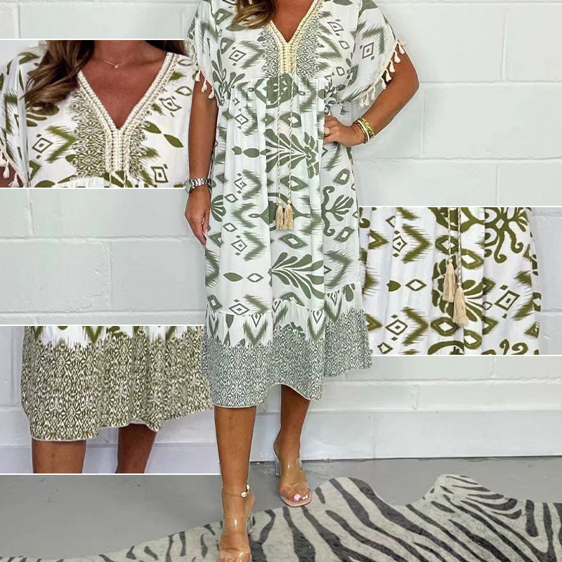 🏆🌸Letzter Tag 49 % RABATT✨Lose bedrucktes Kleid mit kurzen Ärmeln und Fransen im Boho-Stil