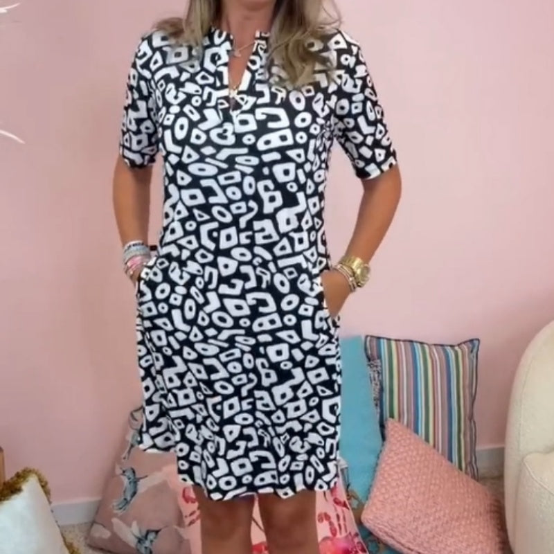 🌸Frühjahrsaktion🌸💖Lässiges, kurzärmliges, bedrucktes Kleid mit V-Ausschnitt für Damen