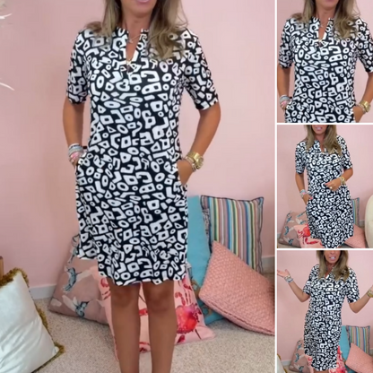 🌸Frühjahrsaktion🌸💖Lässiges, kurzärmliges, bedrucktes Kleid mit V-Ausschnitt für Damen