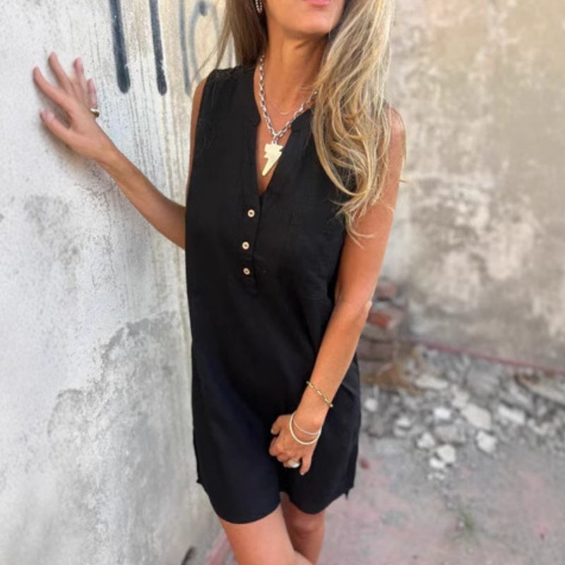 💖Limited Sale 50% OFF💖👗Damen ärmelloses Kleid mit V-Ausschnitt und Knopfleiste