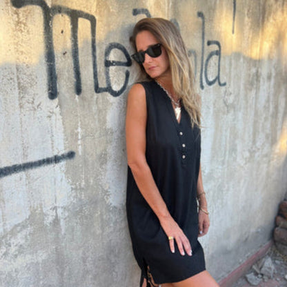 💖Limited Sale 50% OFF💖👗Damen ärmelloses Kleid mit V-Ausschnitt und Knopfleiste