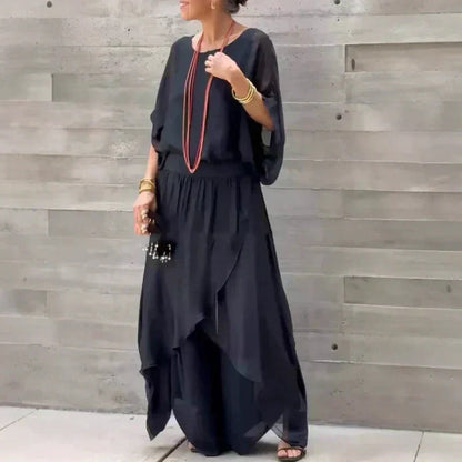 🌹Frühjahrsverkauf 50% RABATT🌹👗2-teiliges Set aus Chiffon mit lockerem Oberteil und weiten Schlitzhosen