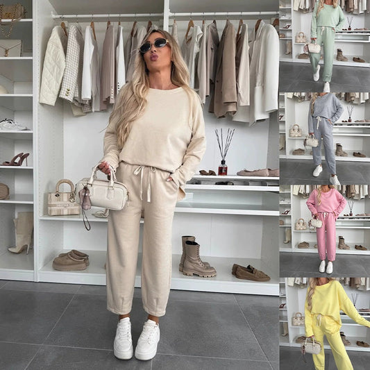 ✨ 2025 Der große Frühjahrsausverkauf 🧥Top mit Rundhalsausschnitt und weite einfarbige Hose 2-PCS👖