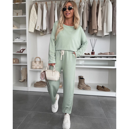 ✨ 2025 Der große Frühjahrsausverkauf 🧥Top mit Rundhalsausschnitt und weite einfarbige Hose 2-PCS👖