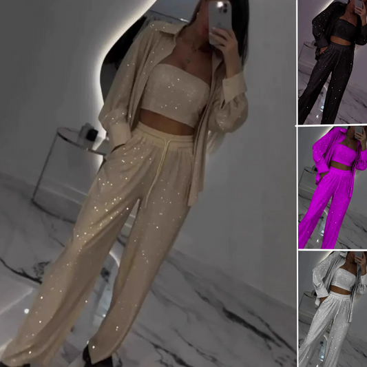 💕Paillettenblazer und weite Hose für Damen (3-teiliges Set)