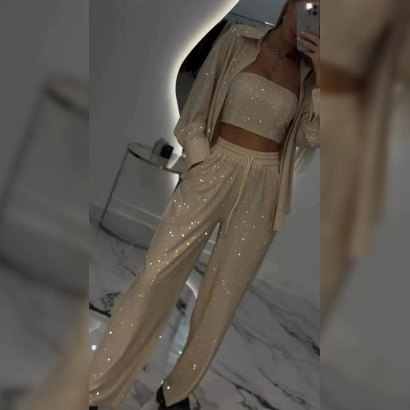 💕2025 HEISSER VERKAUF💐Paillettenblazer und weite Hose für Damen (3-teiliges Set)