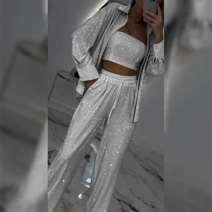 💕Paillettenblazer und weite Hose für Damen (3-teiliges Set)