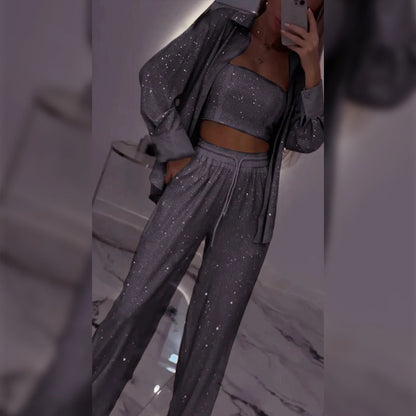 💕Paillettenblazer und weite Hose für Damen (3-teiliges Set)
