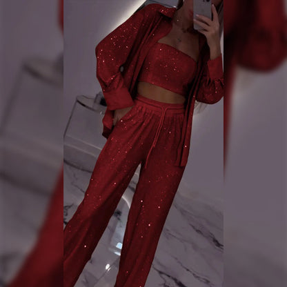 💕Paillettenblazer und weite Hose für Damen (3-teiliges Set)