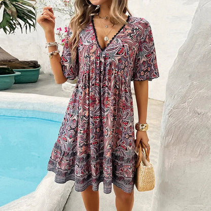 🔥Schneller Abverkauf – 50 % Rabatt👗Minikleid mit Blumenmuster und V-Ausschnitt und kurzen Ärmeln für Damen