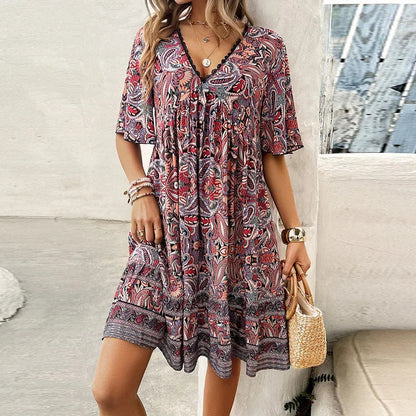 🔥Schneller Abverkauf – 50 % Rabatt👗Minikleid mit Blumenmuster und V-Ausschnitt und kurzen Ärmeln für Damen