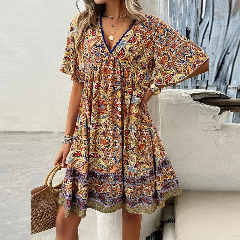 🔥Schneller Abverkauf – 50 % Rabatt👗Minikleid mit Blumenmuster und V-Ausschnitt und kurzen Ärmeln für Damen