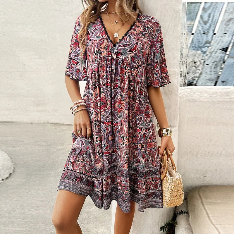 🔥Schneller Abverkauf – 50 % Rabatt👗Minikleid mit Blumenmuster und V-Ausschnitt und kurzen Ärmeln für Damen