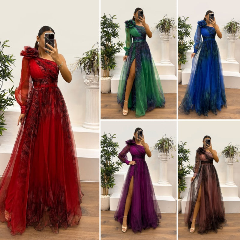 💃✨Damen modisches bedrucktes Kleid mit schräger Schulter aus Mesh