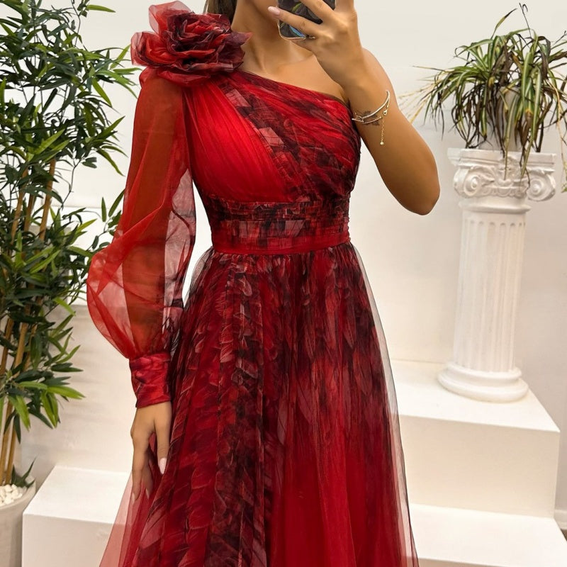 💃✨Damen modisches bedrucktes Kleid mit schräger Schulter aus Mesh