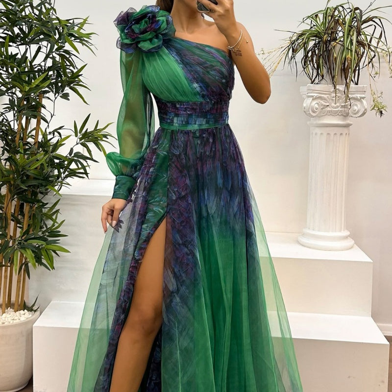 💃✨Damen modisches bedrucktes Kleid mit schräger Schulter aus Mesh