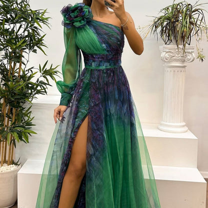 💃✨Damen modisches bedrucktes Kleid mit schräger Schulter aus Mesh