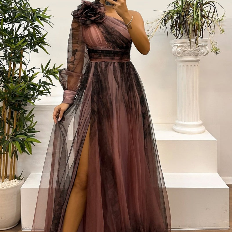 💃✨Damen modisches bedrucktes Kleid mit schräger Schulter aus Mesh
