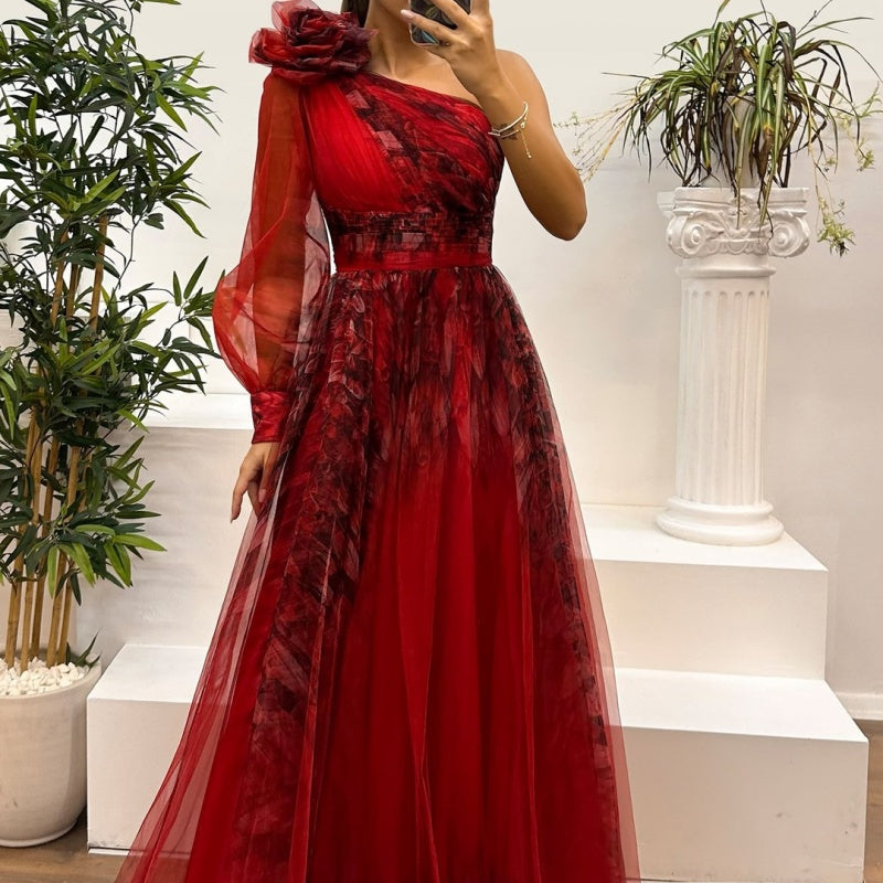 💃✨Damen modisches bedrucktes Kleid mit schräger Schulter aus Mesh