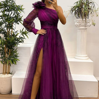 💃✨Damen modisches bedrucktes Kleid mit schräger Schulter aus Mesh